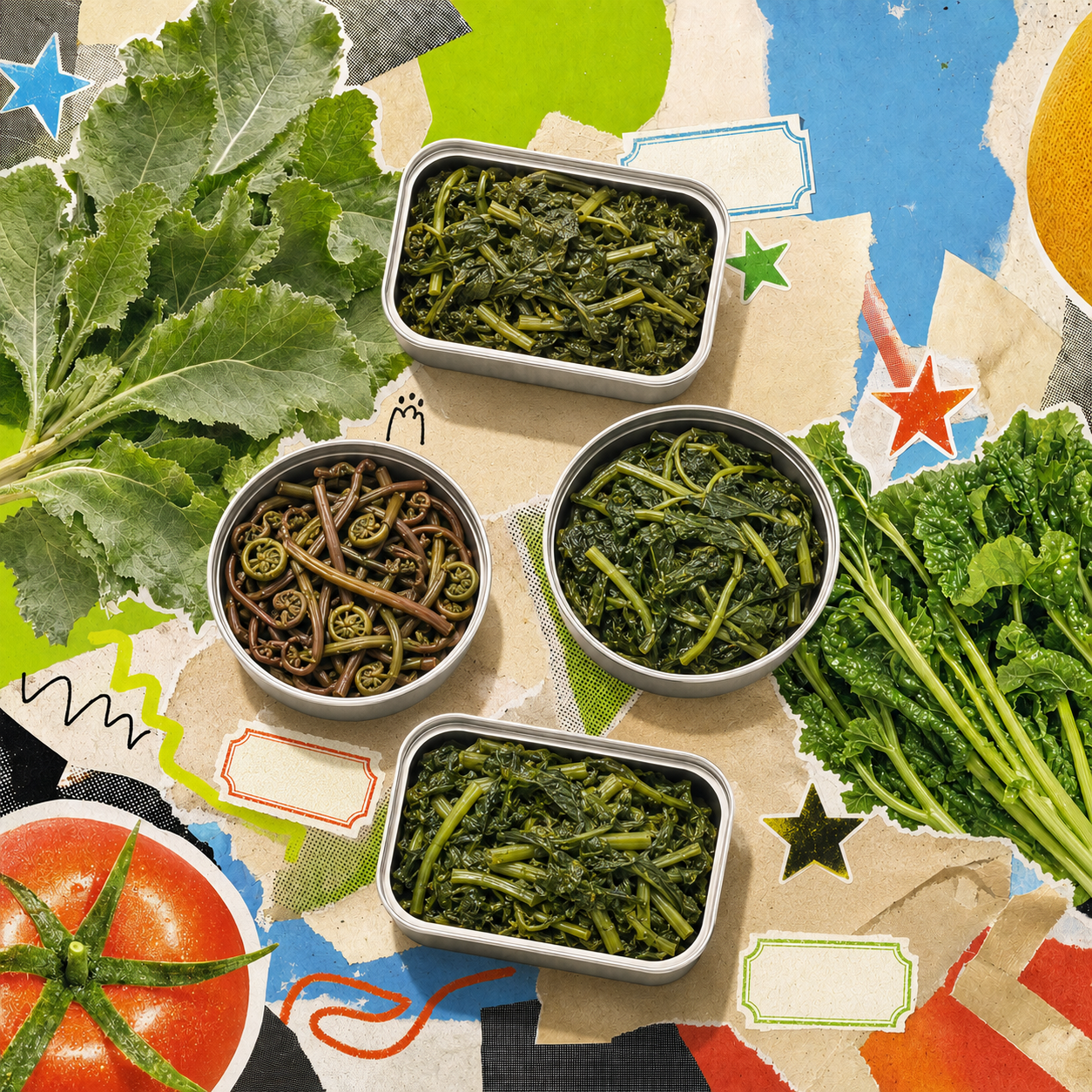 Four open lidless tins of gondre, gosari, siraegi and chwinamul in a colorful collage